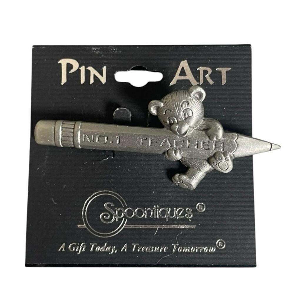 Vintage Spoontiques Pewter No. 1 Teacher Teddy Bear Holding A Pencil Brooch Pin